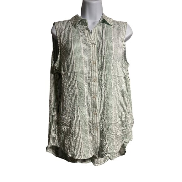Jane + Delancey Sleeveless Striped Button Down Shirt Small Green White Relaxed - Picture 1 of 9